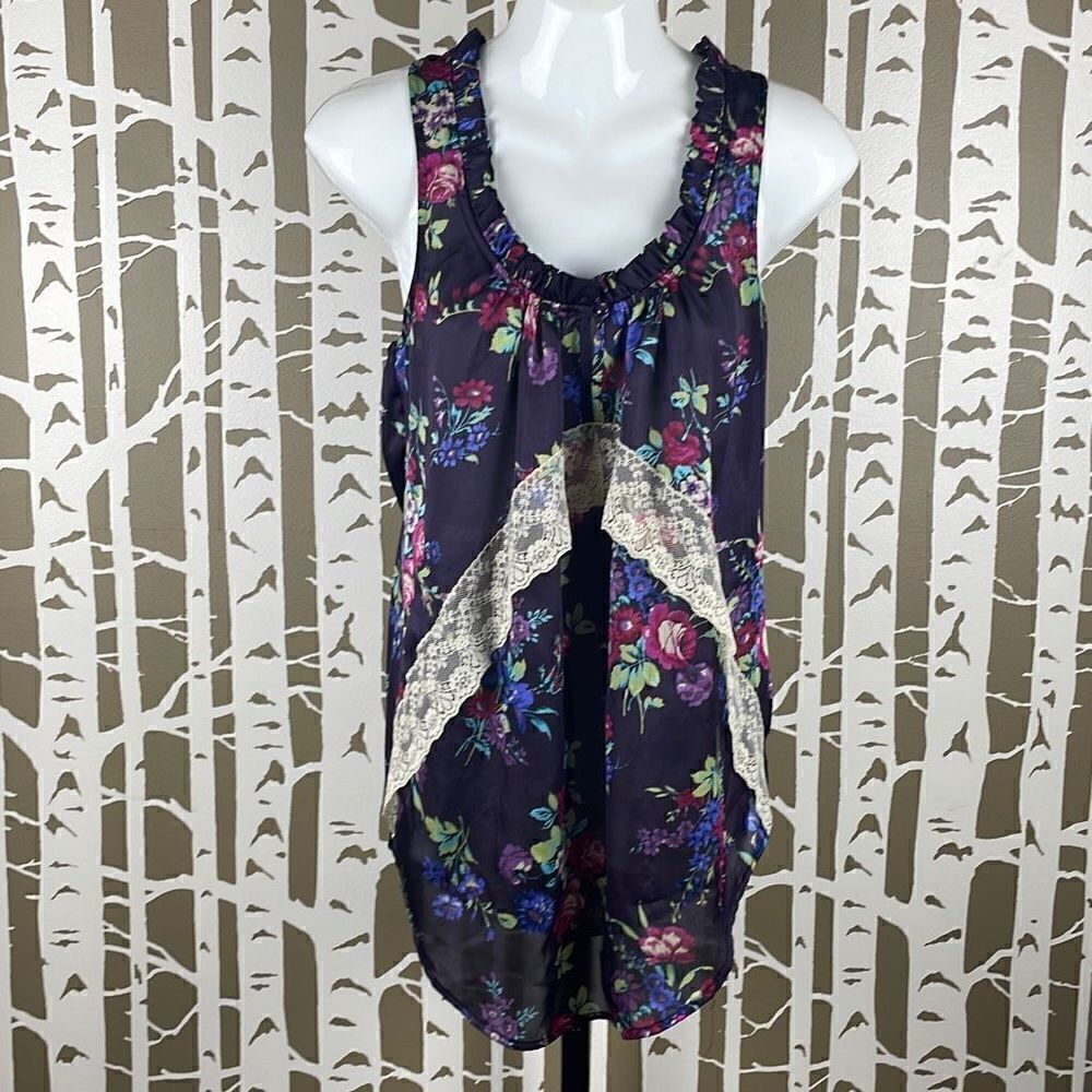 Lily White Plum Purple Floral Print Satin Racerback Tank Top S